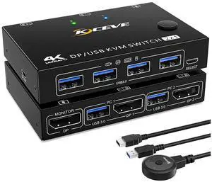 2 Ports Displayport KVM Switch Support 3440x1440 @144Hz,3840x2160 @60Hz for 2 PC 1 Monitor to Share 4 USB 3.0 Devices, USb 3.0 DP KVM Switch 2 in 1 Out Includes 2x USB 3.0 Cables and Wired Controller