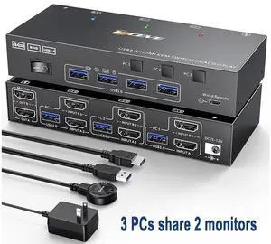 USB 3.0 HDMI KVM Switch 3 in 2 Out 4K@60Hz, EDID Emulator, Dual Monitor KVM Switch for 3 Computers Share 2 Displays Keyboard Mouse Printer, Wired Remote and Cables included eokCXOY