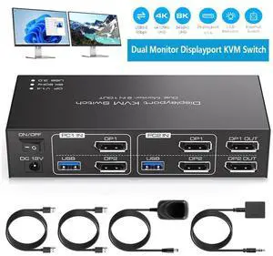 Dual Monitor Displayport KVM Switch, 8K@60Hz/4K@120Hz USB 3.0 DP 1.4 KVM Switcher for 2 Computers Share 2 Monitors and 4 USB Devices Support Extended & Copy Mode Wired Controller 2 USB Cables Included