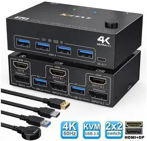 2 Port Displayport + HDMI Dual Monitor KVM Switch USB 3.0, HDMI DP Extended Display Switcher for 2 Computers Share 2 Monitors Support 4K @60Hz with 4 USB 3.0 Ports, Wired Remote and 4 Cables Included 2 Port Displayport + HDMI Dual Monitor KVM Switch USB 3.0, HDMI DP Extended Display Switcher for 2 Computers Share 2 Monitors Support 4K @60Hz with 4 USB 3.0 Ports, Wired Remote and 4 Cables Included