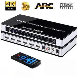 5x1HDMI Switch HDMI with Audio Extractor ARC IR Remote HDMI Switcher, 4Kx2K 3D ARC Audio EDID 7.1CH/ADV/2CH 5 Port HDMI Audio Extractor Switch Converter for PS3, PS4, Bluray Player, Virgin Box eokCXOY