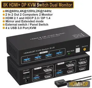 HDMI + Displayport KVM Switch Dual Monitor, 2 Port DisplayPort and HDMI 8K@60HZ KVM Switcher for 2 Computers 2 Monitors with 4 Ports USB 3.0 Support Copy and Extended Display and Desktop Control