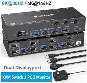USB 3.0 Displayport KVM Switch 3 PC 2 Monitors 4K@144Hz 8K@30Hz, Dual Monitor KVM Switch 3 in 2 Out with DisplayPort 1.4 and 4 USB 3.0 Ports for 2 PC/Laptops, with DP+USB Cable and Desktop Controller
