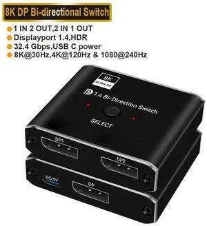 DisplayPort Switch DP 1.4 Switcher 8K, DisplayPort 1.4 Switch 2 in 1 Out Bi-Directional 8K@30Hz/4K@120Hz/1080P @ 240Hz DP KVM Splitter 1 in 2 Out(not Work simultaneously) eokCXOY
