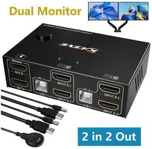4K @30Hz Dual Monitor HDMI KVM Switch 2 in 2 Out, 2 Port HDMI USB KVM Switch for 2 Computers Share 2 Monitors and 4 USB 2.0 Hub, Desktop Controller and HDMI USB Cable Included eokCXOY
