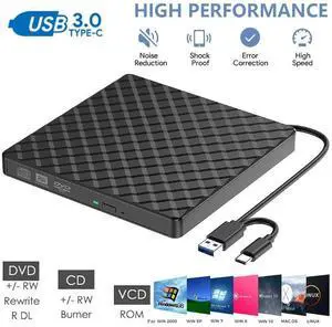 External CD DVD Drive, Type C USB 3.0 External CD/DVD +/-RW Drive/Portable CD DVD Burner, External CD ROM Reader Writer Optical Drive DVD Player for Laptop PC Windows Desktop Linux Mac OS eokCXOY