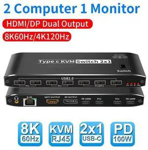 2x1 Type C KVM Switch, 8K Thunderbolt 4 USB C KVM Switch with RJ45 3.5mm Jack, 100W PD Charge, 4K 120Hz USB C to HDMI DP KVM Switch for 2 Computer Share 1 Monitor, keyboard, Mouse, 5 x USB 2.0 Device