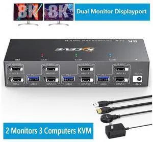 8K Displayport KVM Switch 2 Monitors 3 Computers 8K@60Hz 4K@144Hz, Dual Monitor KVM Switch Displayport with 4 USB 3.0 Ports for USB Devices, Wired Remote and 12V Power Adapter Included eokCXOY