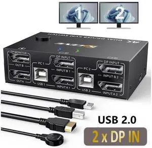 Displayport KVM Switch Dual Monitor, DisplayPort 1.4 USB KVM 8K@30Hz 2 in 2 Out,DP Extended Display KVM Switch for 2 Computers Share 2 Monitors and 4x USB 2.0 Ports, with Wired Remote and 4 Cables