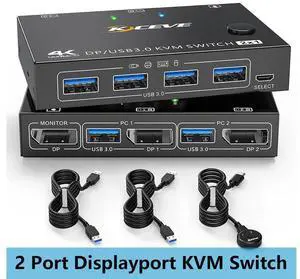 2 Port Displayport KVM Switch, USB 3.0 DP KVM Switch 2 in 1 Out 3440x1440@144Hz,3840x2160@60Hz for 2 Computers Share 1 Monitor and 4 USB 3.0 Devices with 2 USB 3.0 Cables and Wired Controller eokCXOY