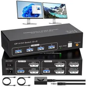 Dual Monitor DisplayPort KVM Switch 2 in 2 Out, 2 Port Displayport 1.4 KVM Switch 2 Computers 2 Monitors Share Keyboard Mouse Printer Support 4K@120Hz 8K@60Hz 4 Port USB 3.0 Support Desktop Control