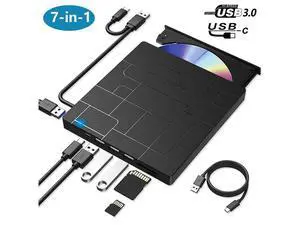 [Upgraded] [7 in 1] External CD DVD Drive, USB 3.0 Type-C DVD-ROM CD-RW Player Ultra Slim CD Burner with 4 USB Ports SD/TF Card Slots Optical Disk DVD Drive for Laptop Desktop Windows 10/8/7 Linux OS