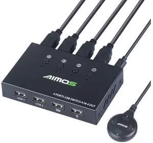USB Switch Selector 4 Port, USB KVM Switcher 4 Computers Sharing 4 USB Devices One-Button Swapping, for Share Mouse, Keyboard, Printer, Scanner, with 4 USB Cables eokCXOY