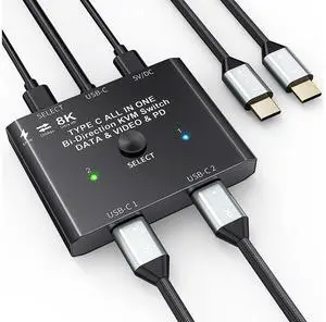 USB-C Switch,Bi-Directional USB C Switcher 2 in 1 Out/1 in 2 Out Type C KVM Switch Supports 8K @60Hz,4K @120Hz Video / 10Gbps Data Transfer/ 100w Power Delivery Compatible with Thunderbolt Device