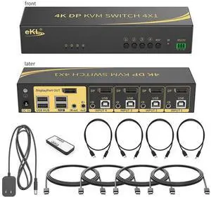 Displayport KVM Switch, Displayport 4 Port DP 1.2 4x1 Supports 4K @60Hz 4:4:4 hotkey Switching Keyboard Mouse Audio with USB 2.0 Control up to 4 PCs eokCXOY