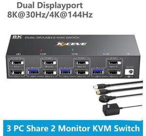 8K DisplayPort KVM Switch 3 PC 2 Monitors 8K@30Hz, 4K@144Hz, Dual Monitor Displayport KVM Switch with DisplayPort 1.4 and 4 USB 3.0 Ports for 2 PC/Laptops, with DP + USB Cable and Desktop Controller