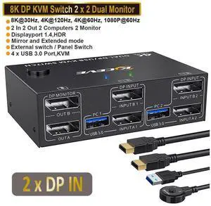 USB 3.0 DP KVM Switch for 2 PC 2 Monitors, 8K @30Hz 4K @144Hz Extended Display, 2 in 2 Out Dual Monitor Displayport 1.4 KVM Switch for 4 USB Devices Mouse Keyboard, with 2 USB3.0 and 2 DP Cables