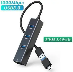 USB 3.0 to Ethernet Adapter, 4-in-1 USB 3.0 Hub with Ethernet Adapter, 3 Ports USB 3.0 Ethernet Hub with RJ45 1000Mbps Gigabit Ethernet Connection, USB Network Adapter with USB C Adapter for Laptop