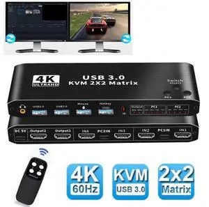 2x2 HDMI KVM Matrix Switch 2 Monitors 2 Computers 4K 60z, 2 PC 2 Monitor KVM Switch, Dual Monitor HDMI USB 3.0 KVM 2x2 Matrix Switch 2 in 2 Out, Support HDCP2.2, Hotkey,Extended And Mirror Display