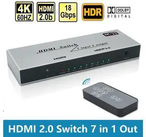 HDMI 2.0 Switch 7 in 1 Out - 4K @60Hz HDMI Selector Switch with Remote,18Gbps HDMI 2.0 HDR HDCP 3D, Support 4K@60Hz 2160p 1080p Premium Quality Auto Switcher Hub for PS4/5 Xbox,TV, Nintendo eokCXOY