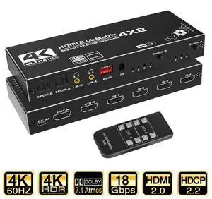 HDMI Matrix 4x2, 4K@60Hz HDMI Matrix Switch 4 in 2 Out with EDID Extractor and IR Remote Control, Support HDMI 2.0b, HDCP2.2, HDR10, Ultra HD, 3D eokCXOY