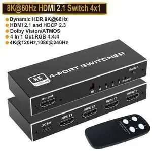 HDMI Switch 4K 120Hz, HDMI Splitter 4 in 1 Out, HDMI 2.1 Switch Support 8K@60Hz 48Gbps for Xbox Series PS5/4/3 HD TV Monitor Projector eokCXOY