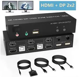 Dual Monitor HDMI Displayport KVM Switch 4K@60Hz Extended Display DP + HDMI KVM Switch for 2 Computers 2 Monitors with Audio Microphone Output and 3 USB Ports, PC Monitor Keyboard Mouse Switcher