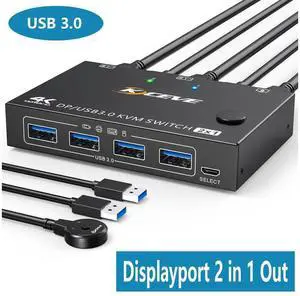 USB 3.0 KVM Switch Displayport 8K@30Hz 4K@120Hz, 2 Port Displayport KVM Switch 2 PC 1 Monitor Support DP1.4 Compatible with D1.2, DP KVM Switch 2 in 1 Out Includes 2 USB3.0 Cables and Wired Controller