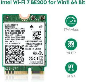 Wireless WiFi Network Card, BE200 WiFi 7 Adapter, BE200NGW 8774Mbps Bluetooth 5.4 Tri-Band 802.11be NGFF M.2 Module, MU-MIMO, WPA4, Wireless Adapter for Laptop, Only Work for Windows 11 (64-bit)