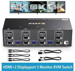 KVM Switch 3 Monitors 3 Computers 8K@60Hz 4K@144Hz, HDMI+2 Displayport Triple Monitor KVM Switch for 3 Computer Share 3 Monitor and 4 USB3.0 Devices, Wired Remote and 12V power Adapter Included