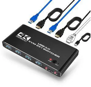 2 Port KVM Switch HDMI Box, 2 in 1 Out USB HDMI Switch 4K @60Hz with HDMI 2.0 cables and USB 3.0 cables , Supports two PCs Shared with One set Monitor Keyboard and Mouse eokCXOY