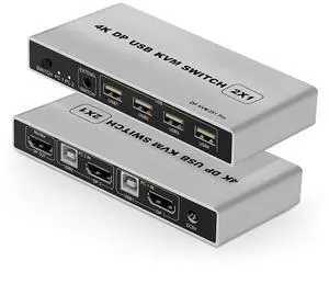 DisplayPort USB KVM Switch 2 Port 4K 60Hz USB and DP Switch for 2 Computers Share Keyboard Mouse Printer Monitor for Laptop,PC, Xbox HDTV, with 2x USB Cable, 1x Switch Button Cable, 1x Power Cable