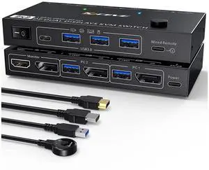 Dual Monitor DisplayPort KVM Switch 8K@30Hz for 2 PCs 2 Monitors, USB 3.0 DP1.4 KVM Switch 2 Displayport in Displayport + HDMI Out, Backnward Compatible DP1.2 with DP+USB Cables and Wired Controller