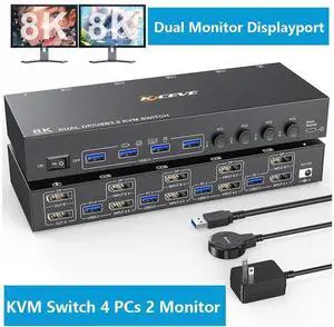8K@30Hz Displayport KVM Switch 4 in 2 Out, Dual Monitors Displayport USB 3.0 KVM Switcher for 4 Computers Share 2 Monitors, Keyboard and Mouse, Wired Remote and USB Cables Included eokCXOY