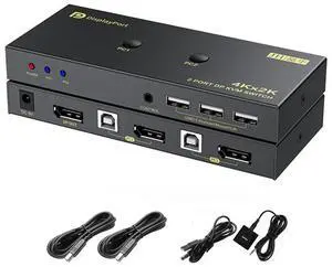 2 Port DisplayPort KVM Switch with USB 2.0 Ports, DP 1.2 4K @60Hz Display Port KVM Switcher Box for 2 Computers Sharing 1 Monitor Keyboard Mouse Peripherals Selector Box with USB Cables eokCXOY