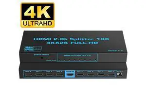 1x8 HDMI Splitter, 1 in 8 Out HDMI Splitter Audio Video Distributor Box Support Full HD 3D & 4K x 2K Compatible for Projector, HDTV, STB, DVD, PS3 Etc eokCXOY