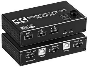 HDMI 2.0b KVM Switch USB 2 Port 4K HDMI, 2 Computers Share One Monitor 2x1 HDMI KVM Switch, 3 USB 2.0 Hub, Ultra HD 4K@60Hz, HDCP 2.2, Support Wireless Keyboard and Mouse eokCXOY