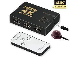 HDMI Switch 4K, Intelligent 3-Port HDMI Switcher, Splitter, Supports 4K, Full HD1080p, 3D with IR Remote eokCXOY