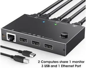 USB HDMI KVM Switch with Ethernet, HDMI KVM Switch 2 Port 4K@60Hz,KVM Switches for 2 Computers Share 1 Monitor and 3 USB Devices Keyboard Mouse, 100Mbps Ethernet Network KVM Switcher eokCXOY