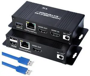 HDMI KVM USB Extender Over Cat5e/6/7-164FT HDMI to RJ45 1080P@60hz HDMI Over Ethernet KVM Extender Transmitter Receiver Support Keyboard Mouse USB Control No Latency Single Power Supply POC Function
