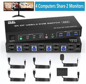 USB 3.0 Displayport 4x2 KVM Switch for 2 Monitors 4 Computers 8K@60Hz 4K@144Hz, DP1.4 Dual Monitor Displayport KVM Switch 4 Port with Audio Microphone Output and 3 USB 3.0, DP Monitor Switch for 4 PCs