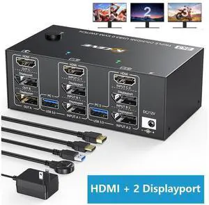 Triple Monitors KVM Switch HDMI 2 Displayport USB 3.0 KVM Switch 8K@60Hz, 4K@144Hz 3 Monitors 2 Computers KVM with 4 USB 3.0 Ports Included KVM Cables,HD-MI 8K@60Hz/4K@60Hz,DP 8K@30Hz/4K@144Hz eokCXOY