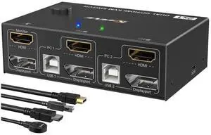 2 Port Dual Monitor KVM Switch HDMI+DisplayPort 4K @60Hz, 2K @120Hz HDMI DP Extended Display Switcher for 2 PC Share 2 monitors and 4 USB 2.0 ports, Wired remote and 4 cables included eokCXOY