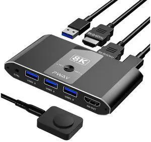 2 Port 8K HDMI KVM Switch Box, USB 3.0 USB and HDMI Switch Selector for 2 Computers Share Keyboard Mouse Printer and One Monitor, HDMI KVM Switch 2 in 1 Out Support UHD 8K@60Hz with Remote Controller