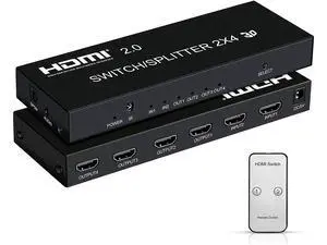 4K @60Hz HDMI Switch Splitter 2 in 4 Out with Remote, 2x4 HDMI Splitter Switcher 4K with SPDIF & 3.5mm Audio, Support 4K, 3D, 1080p, HDCP2.2, HDR 10 for PS4, Xbox, Fire Stick, etc eokCXOY