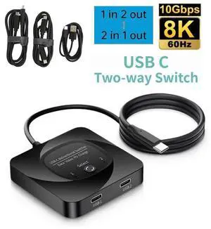 USB C Switch, 8K 60Hz 2 in 1 Out/1 in 2 Out Bi Directional USB3.1 Type C Data Transfer Splitter, 10Gbps Data Transfer PD 100W Power Delivery Share Monitor Switch Selector with Power Indicator for PCs