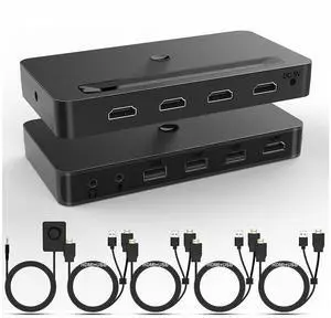 4 Port KVM HDMI Switch with Audio Microphone and 3 x USB Hub - 4K @60Hz 4 in 1 Out HDMI USB Switch Supports Keyboard Mouse with USB+HDMI Combo Cables x4|USB Power Cable|Wire Remote Switch eokCXOY