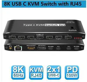 2x1 Type-C KVM Switch 8K@60Hz 2 in 1 Out, 2 Ports 8K Thunderbolt 4 USB C KVM Switch with Ethernet RJ45 100W PD Charge 3.5mm Audio Jack, Type C KVM Switch Switcher for 2 Computer 1 Monitor, Smart EDID