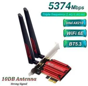 10DB Antennas WiFi 6E Card PCIE Wireless Adapter, AX210 Bluetooth 5.3 Wireless 5374Mbps 2 in 1 Tri Band 2.4G/5G/6Ghz WiFi 6 Network Card WiFi Adapter for PC Desktop Windows 10 11 (64bit) eokCXOY