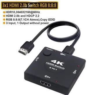 4K 60hz HDMI Switch, Upgraded HDMI Selector Switch Splitter 3 in 1 Out, 4K HDMI Switcher Supports Ultra HD, 1080P, 3D, HDR, HDCP 2.2, 3 Port HDMI 2.0 Switch for Gaming XBX/PS5/PC/Monitor/TV eokCXOY